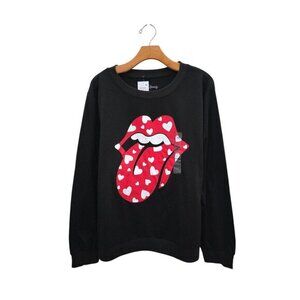 The Rolling Stones Pullover Lip Heart Red Tongue Black Sweater Women's Sz S NEW